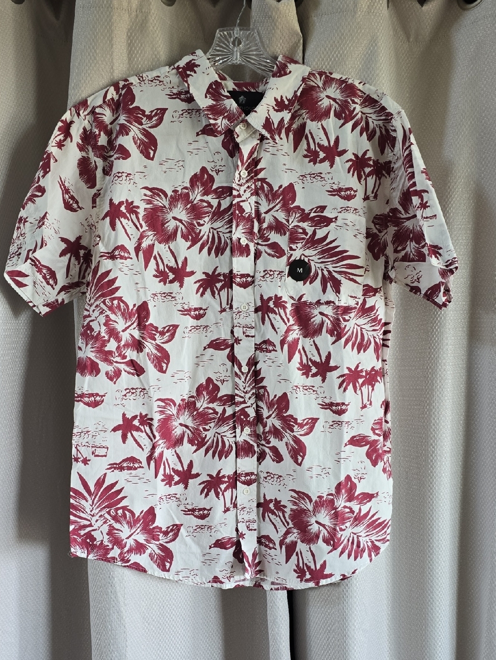 Shouthouse Men's Floral Short-Sleeve Shirt - White with Red Print Size M